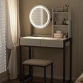 thumbnail image 6 of Leumius Small Vanity Desk with Mirror and Lights, Makeup Vanity Table with LED Mirror, 3 Lighting Modes, Power Outlet, Drawer, Open Shelves and Cushioned Stool for Bedroom (White and Black), 6 of 8