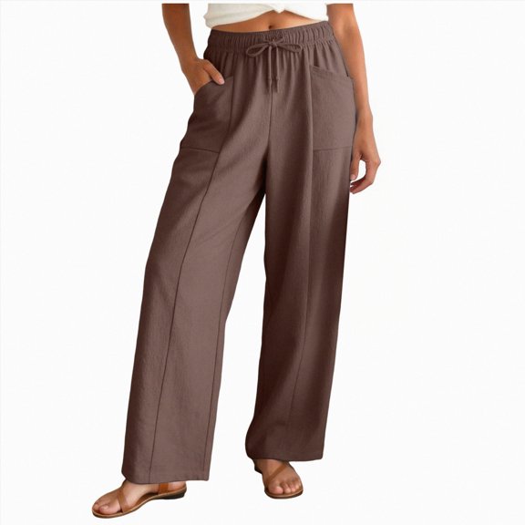 Gubotare Trousers Women Womens Casual Linen High Waist Pants Drawstring Loose Fit Summer Pants Trousers with Side Pockets (Brown,S)
