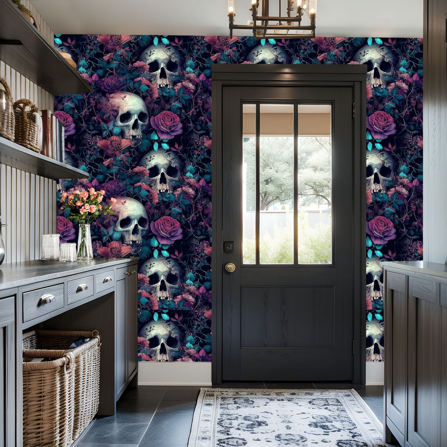 Vintage Peel and Stick Wallpaper 17.7in x 9.8ft Skulls Vibrant Floral Roses Leaves Contact Paper Vinyl Self-Adhesive Removable Wall Paper for Bedroom Kitchen Cabinet Décor Renter Friendly