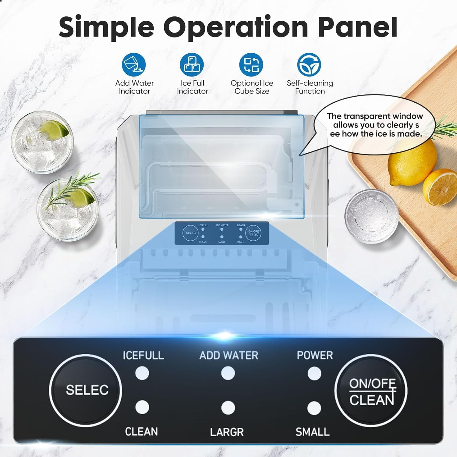Simenmax Ice Maker, Portable Countertop Icemaker Machine, Self Cleaning Quiet 2 Sizes Bullet Cubes Makers, 9 Cubes in 6 Mins, 26lbs/24Hrs with Ice Scoop, Basket for Home Kitchen Party,White