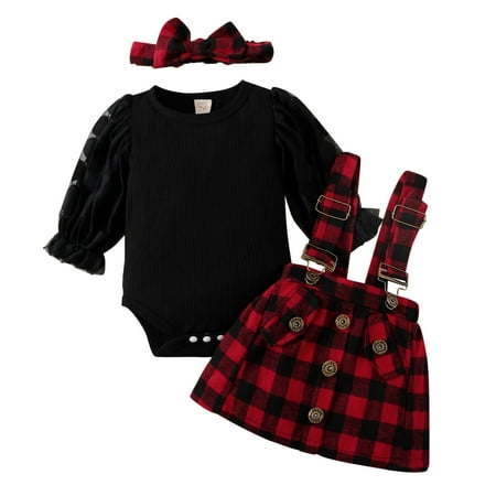 

New Born Clothes for Girls Set Matching Baby And Girl Clothes Girls Long Sleeve Ribbed Romper Bodysuits Plaid Prints Suspenders Skirt Headbands Outfits 3