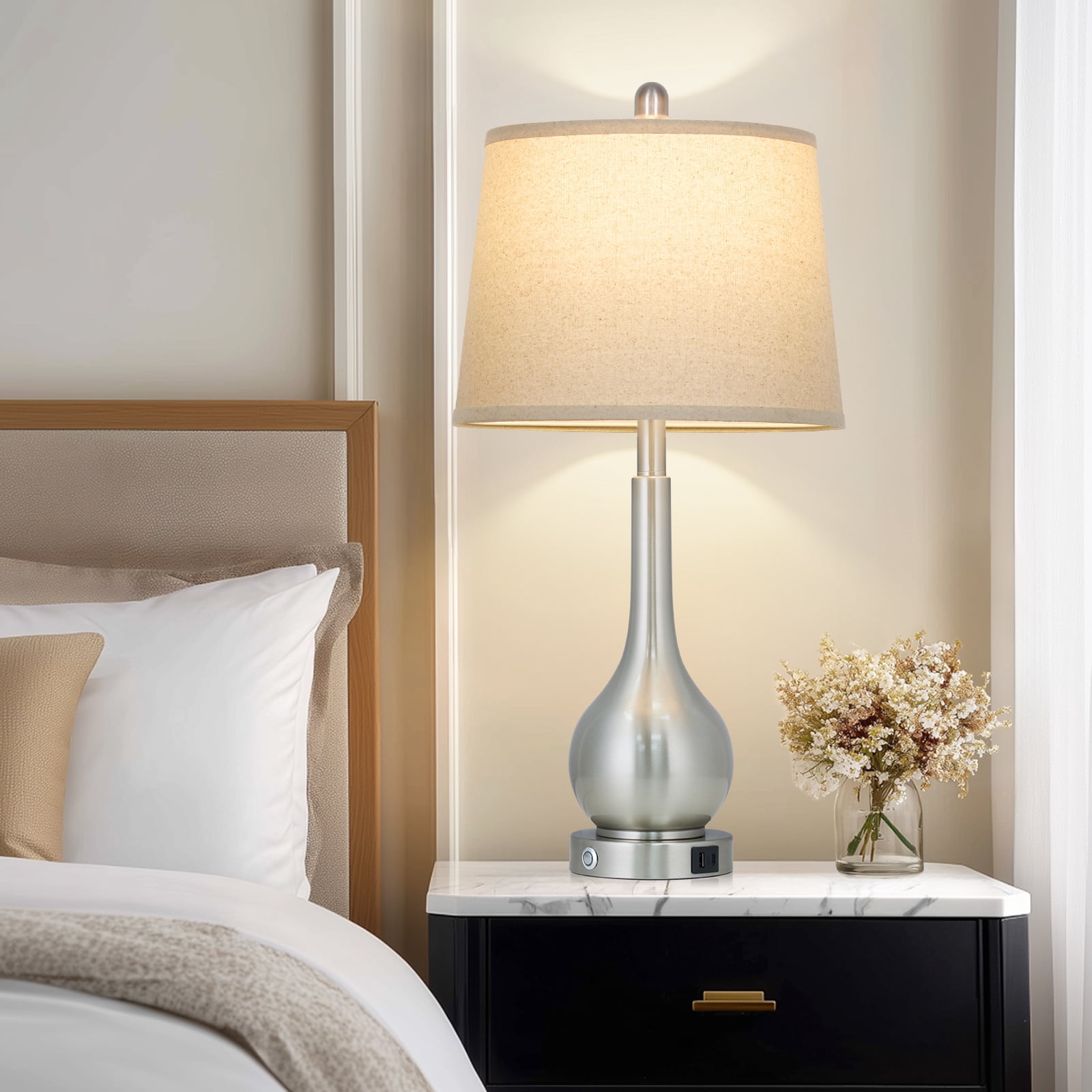 Cinkeda Table Lamps Set of 2 Modern Nightstand Bedside Touch Lamps for Bedroom Living Room with USB A+C, Silver