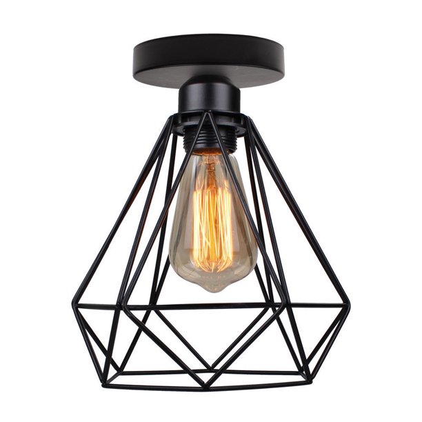 Lámpara de techo de jaula cuadrada de metal industrial, lámpara de araña con pantalla de hierro E27, lámpara de techo negra para sala de estar, dormitorio, bar (diamante de 20 cm, 1 paquete) LingWen 9024715687906