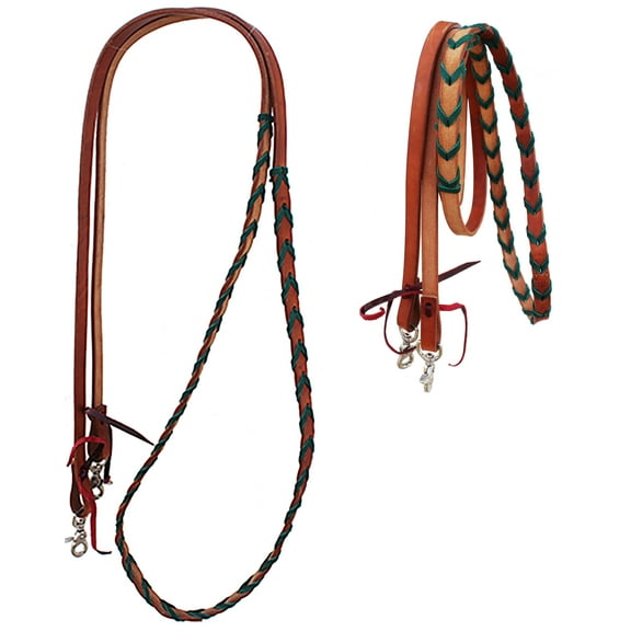 Horse Western Leather Barrel Contest Green Laced Barrel Reins w/ Snaps 805LR17GR