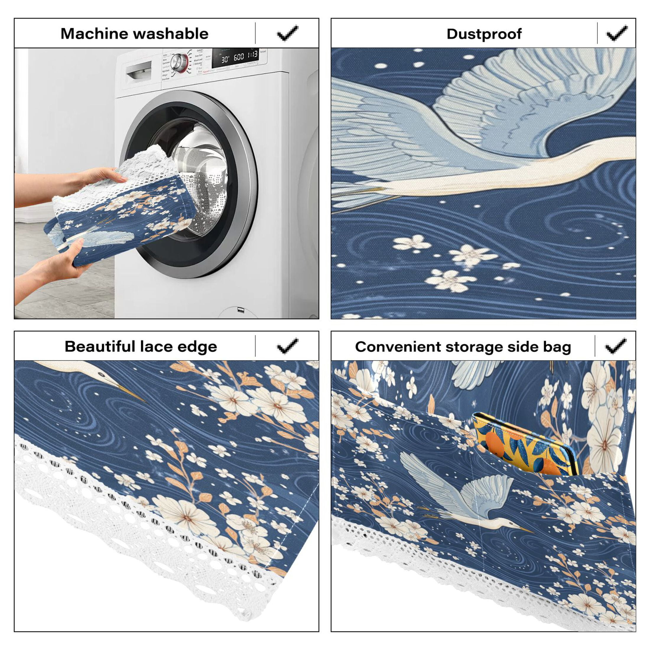 Seagulls Soaring over White Flowers and The OceanWasher and Dryer Covers Dust-Proof and Oil Resistant Fridge Cover with 4 Storage Pockets Washing Machine Top Cover for Laundry Kitchen Home 51.2 x 22