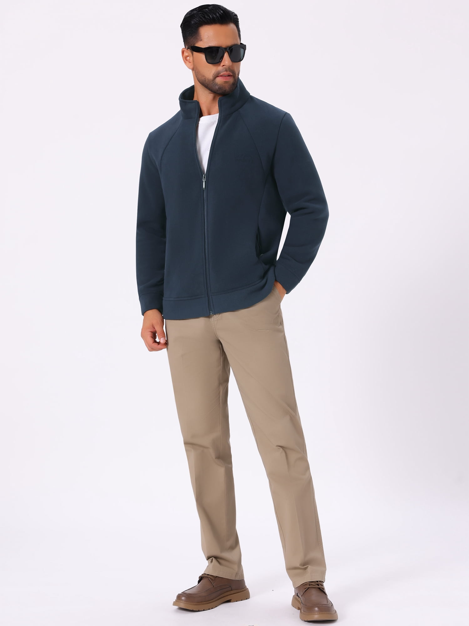 DARING DIVA Men's Winter Solid Stand Collar Zipper Soft Fleece Jacket L Blue