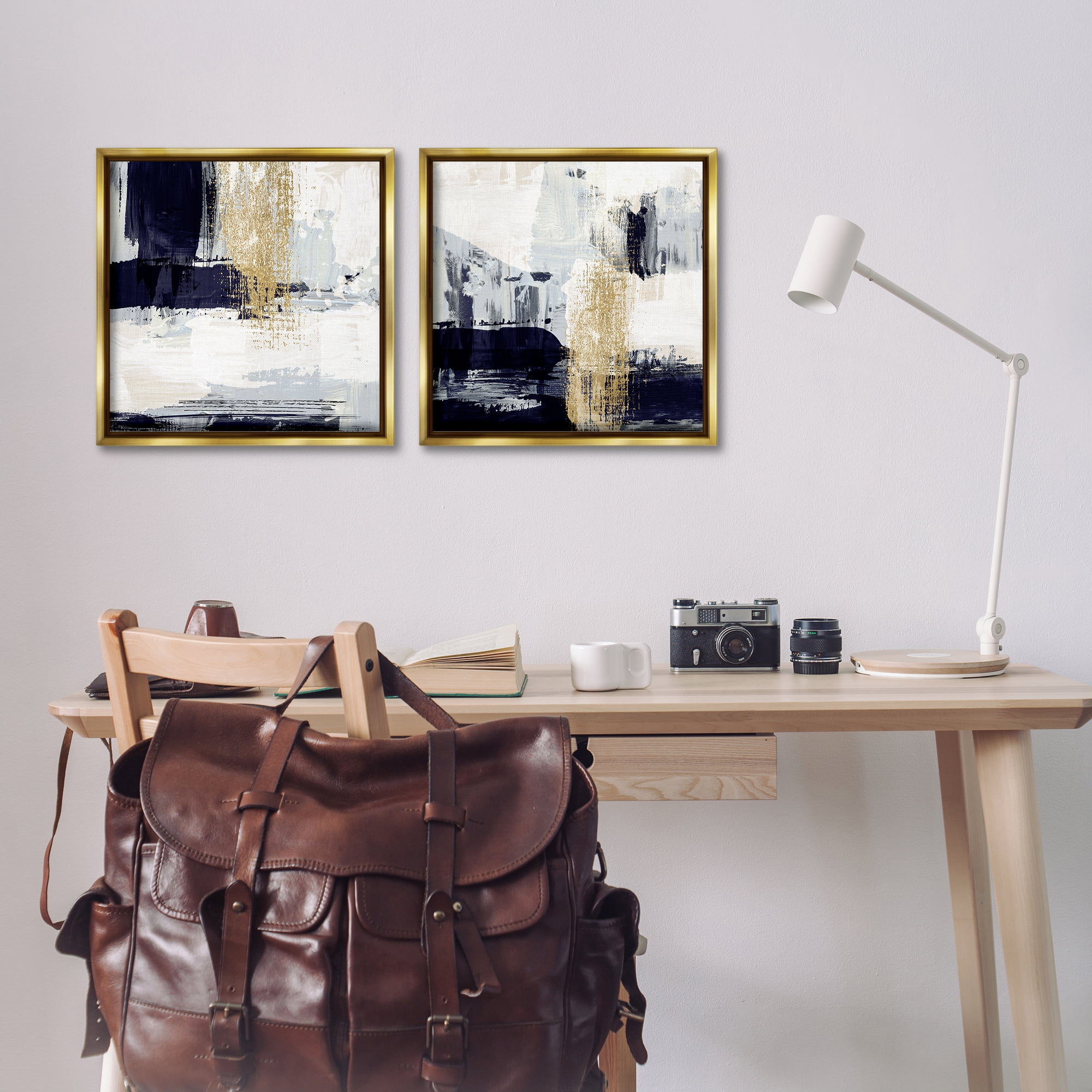 Stupell Industries Patchy Navy Gold Abstract Abstract Painting Gold Floater Framed Canvas Art Print Wall Art, 18 x 18, Set of 2