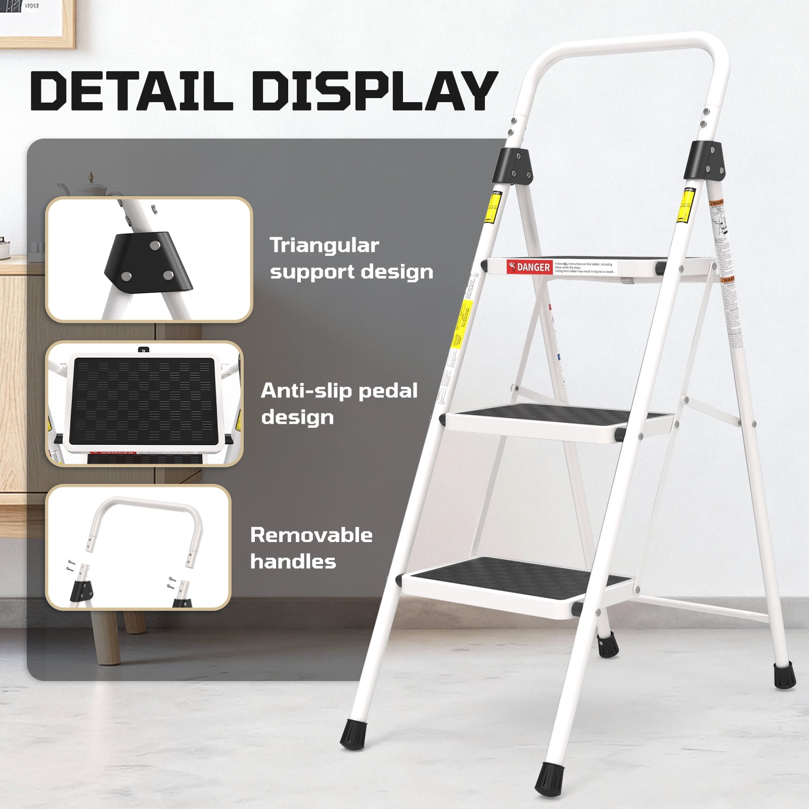 LevLad 3 Step Ladder, Folding Step Stool with Anti-Slip Pedal, Sturdy Steel Ladder, Convenient Handrail, Lightweight, Portable, White