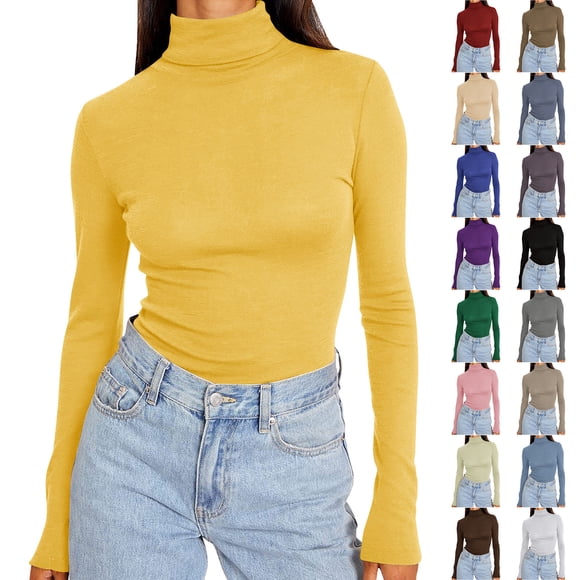 QATAINLAV Womens Turtleneck Tops Slim Basic Mock Neck Long Sleeve Shirts Fall Winter Layering Outfits, Yellow, XXXXXL