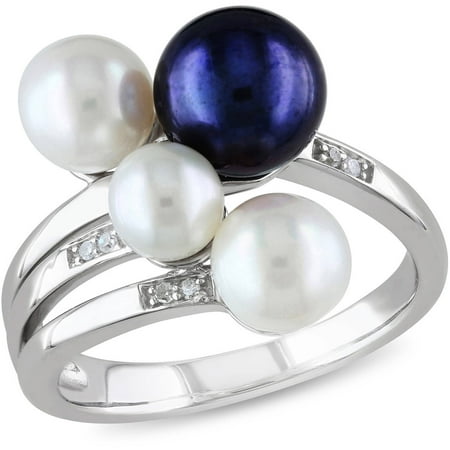 5-8mm Black and White Round Freshwater Cultured Pearl with Diamond-Accent Sterling Silver Bypass Ring