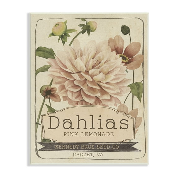 Stupell Industries Pink Lemonade Dahlias Vintage Floral Seed Packet Botanical & Floral Painting Unframed Art Print Wall Art, 13 x 19