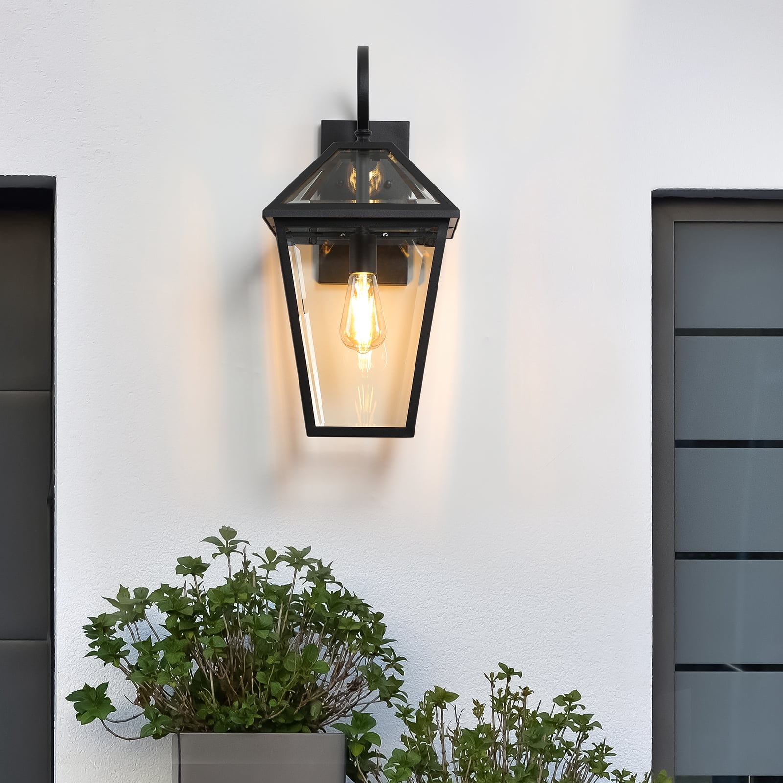 Black 1-Light Outdoor Hardwired Wall Lantern Sconce Outdoor Porch Large Wall Light Fixtures with Clear Beveled Glass