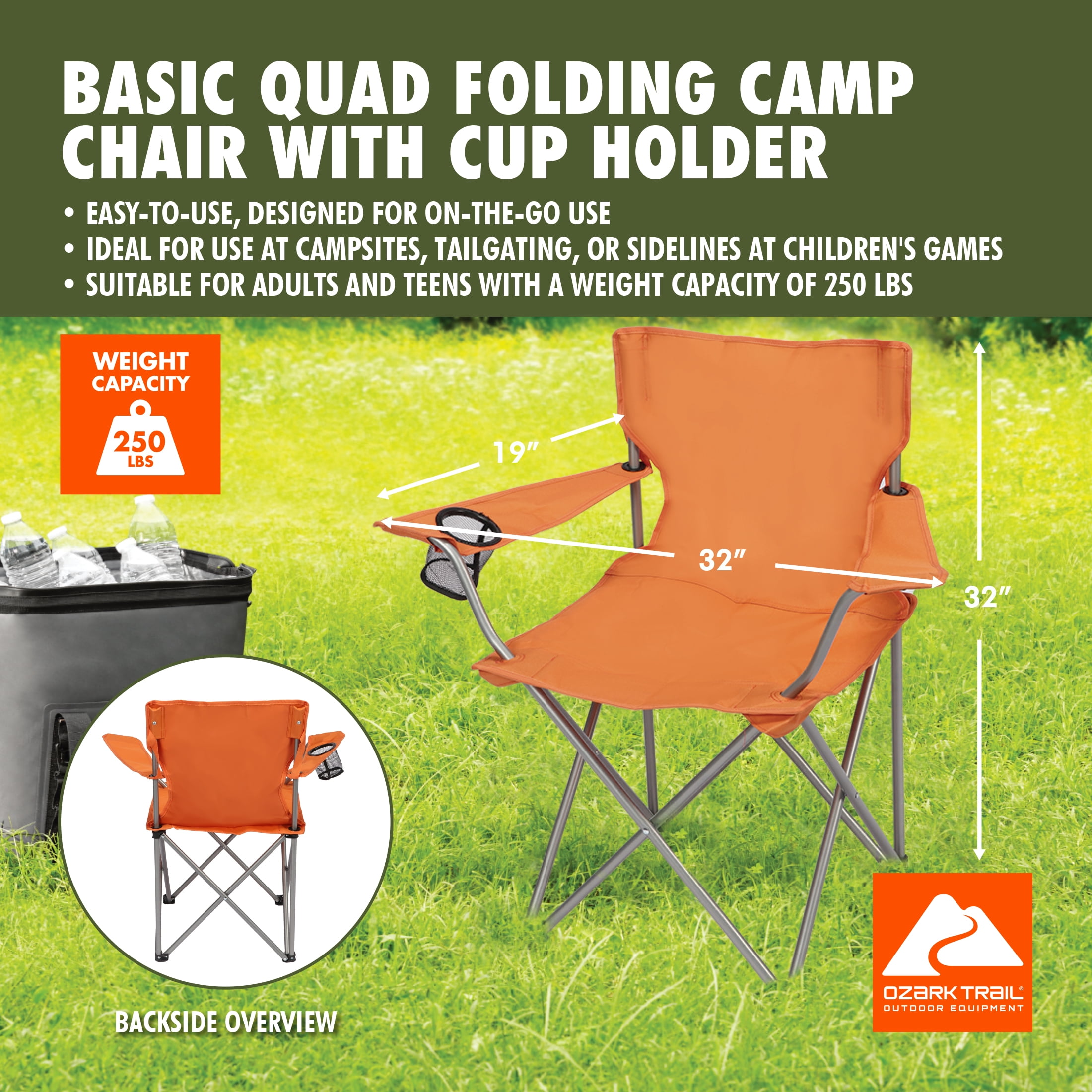 Ozark Trail Quad Folding Camp Chair with Cup Holder, Burnt Orange