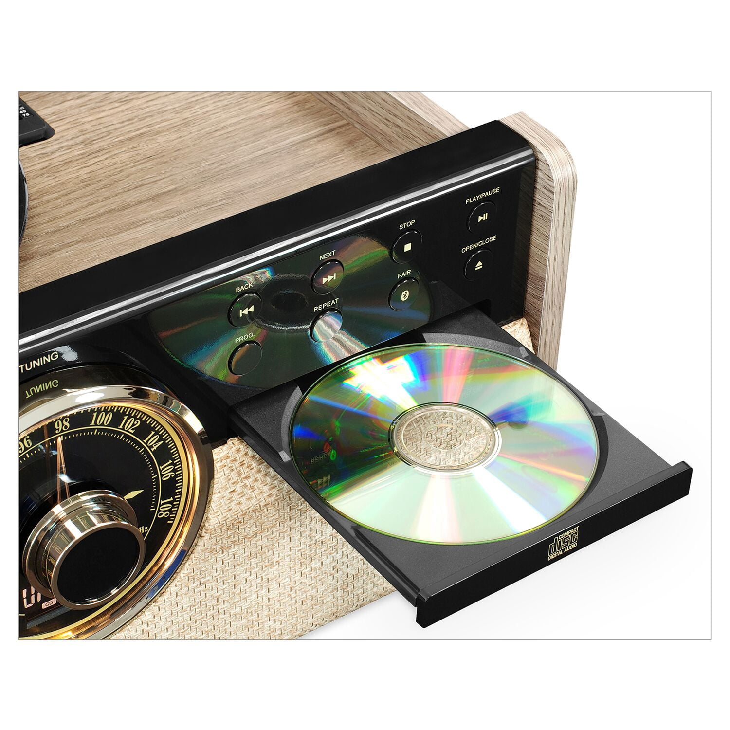 Victrola 6-in-1 Wood Empire Mid Century Modern Bluetooth Record Player with 3-Speed Turntable, CD, Cassette Player and Radio, Farmhouse Oatmeal