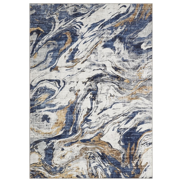 Area Rug 8x10 Machine Washable Living Room Rug, Non-Slip Faux Wool Soft Floor Carpet, Low Pile Modern Abstract Rug, Foldable Nursery Rug for Bedroom, Dining Room, Office, Blue