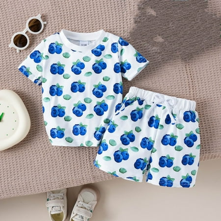 

Girls Summer Floral Fruit Print Round Neck Short Sleeve Shorts Set