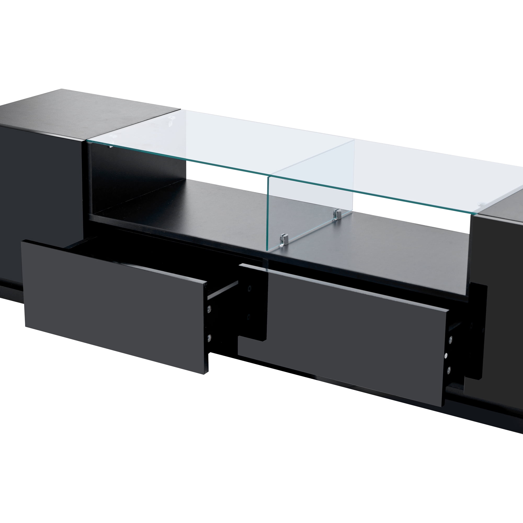 Momspeace Modern High Gloss TV Stand with Tempered Glass Shelf and 16-Color LED Light Strips for TVs up to 70'' -Black