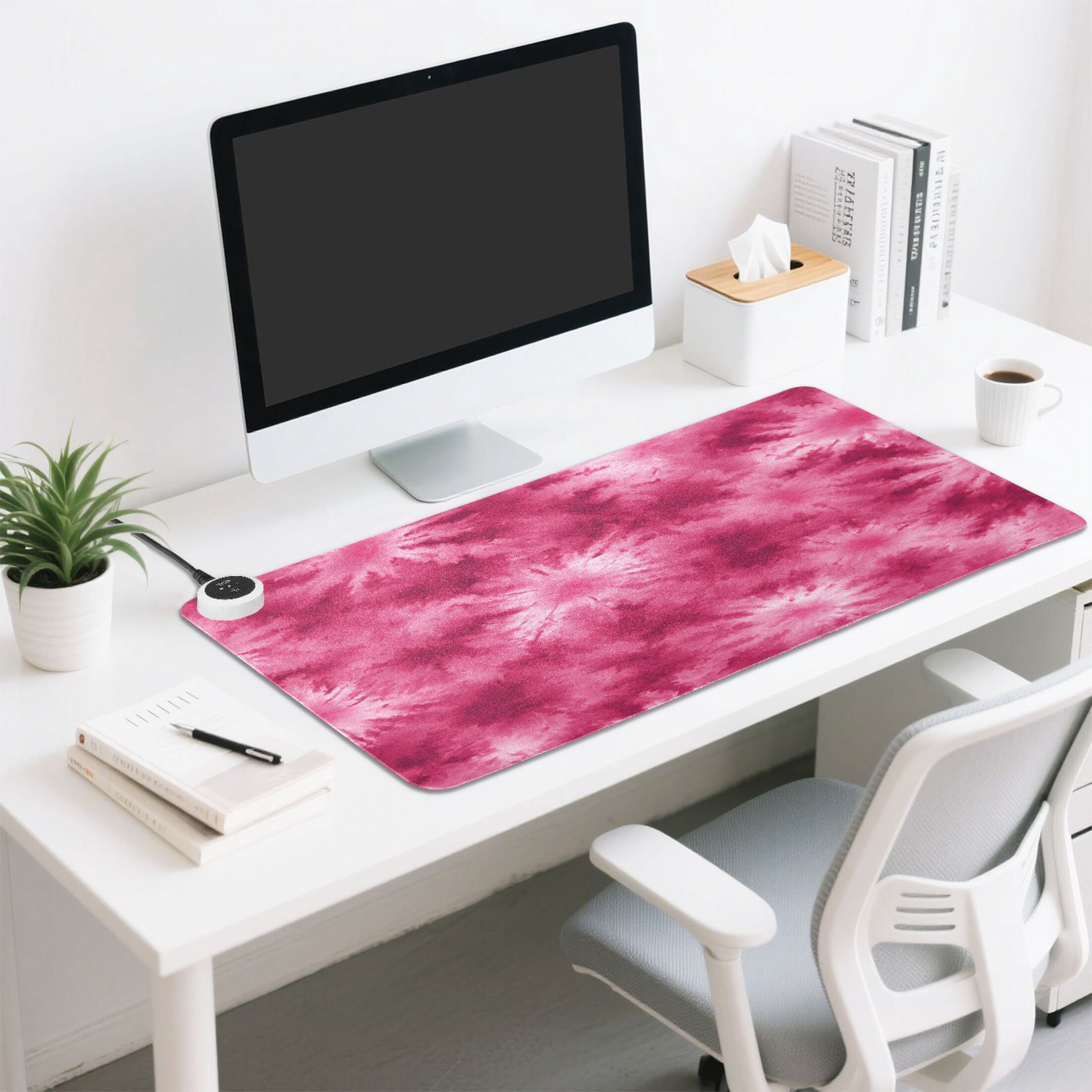 Large Heated Desk Mat Mouse Pad 31.5"x13"PU Leather Graphene Heating Desk Warmer with 3 Temperature Settings 110V US Plug Non-Slip Warm Pad for Home, Office, and Gaming Rose Red Tie-dye Pattern