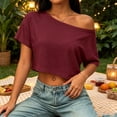 thumbnail image 4 of Womens Off The Shoulder Tops Short Sleeve Solid Crop Tops Casual Loose Summer T Shirt, L, 4 of 5