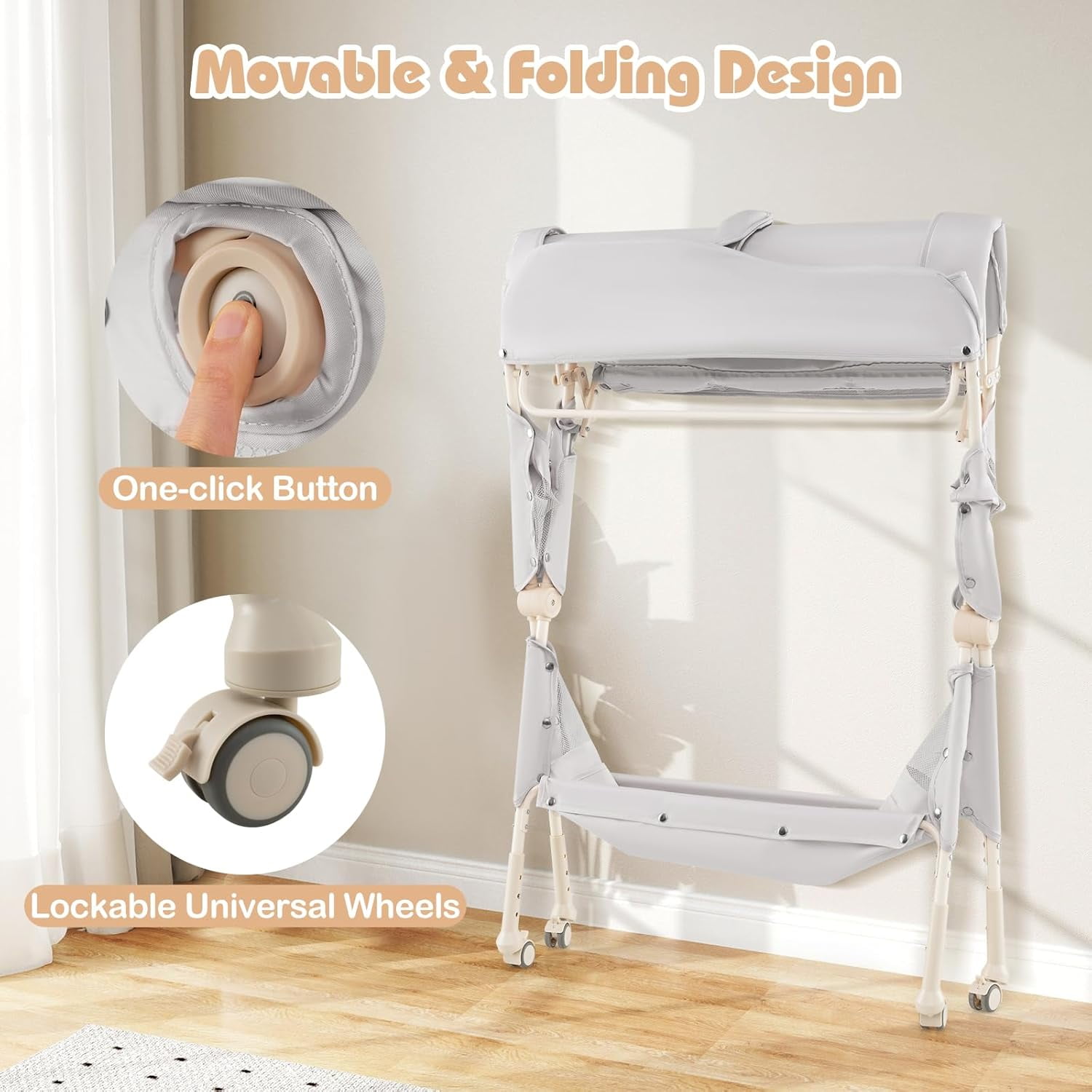 INFANS Baby Changing Table with Wheels, Portable Folding Diaper Station Nursery Organizer with Storage Basket, Hanging Rack, Adjustable Height, Safety Belt for Newborn Infant (Light Gray)