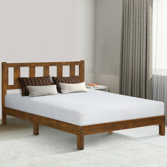 GrandRest 14 Inch Deluxe Solid Wood Platform Bed with Headboard, Full, Rustic Brown