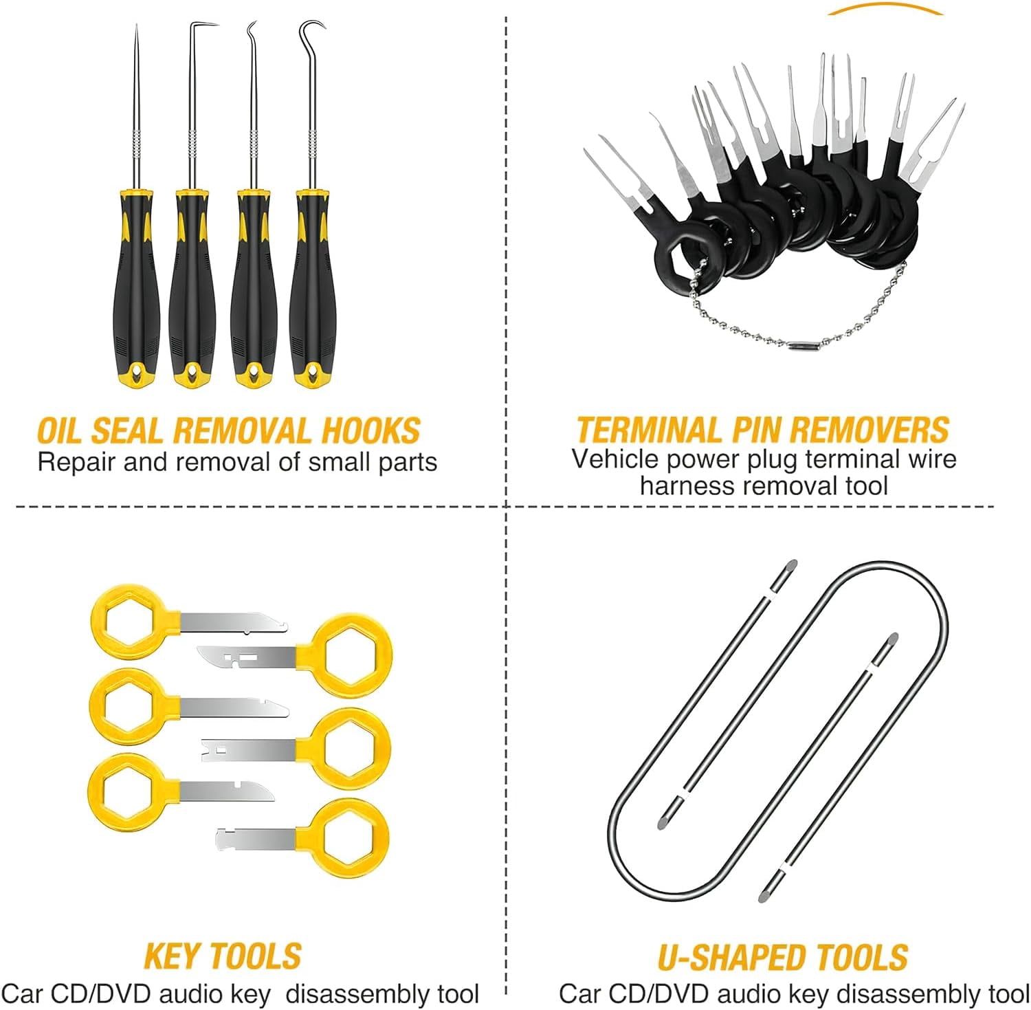 GOOACC 40Pcs Trim Removal Tool,Auto Terminal Removal Key Tool,Auto Clip Pliers Stereo Removal Tools,Car Upholstery Repair Removal Kit,Wiring Threader,Car Film Scrape-Yellow