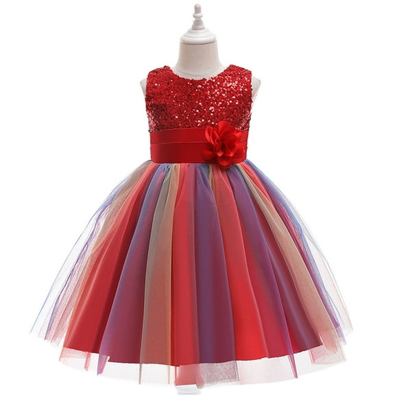 loopsun Toddler Girls Color Net Yarn Bowknot Birthday Party Flowers Gown Kids Dresses Red 6-7 Years