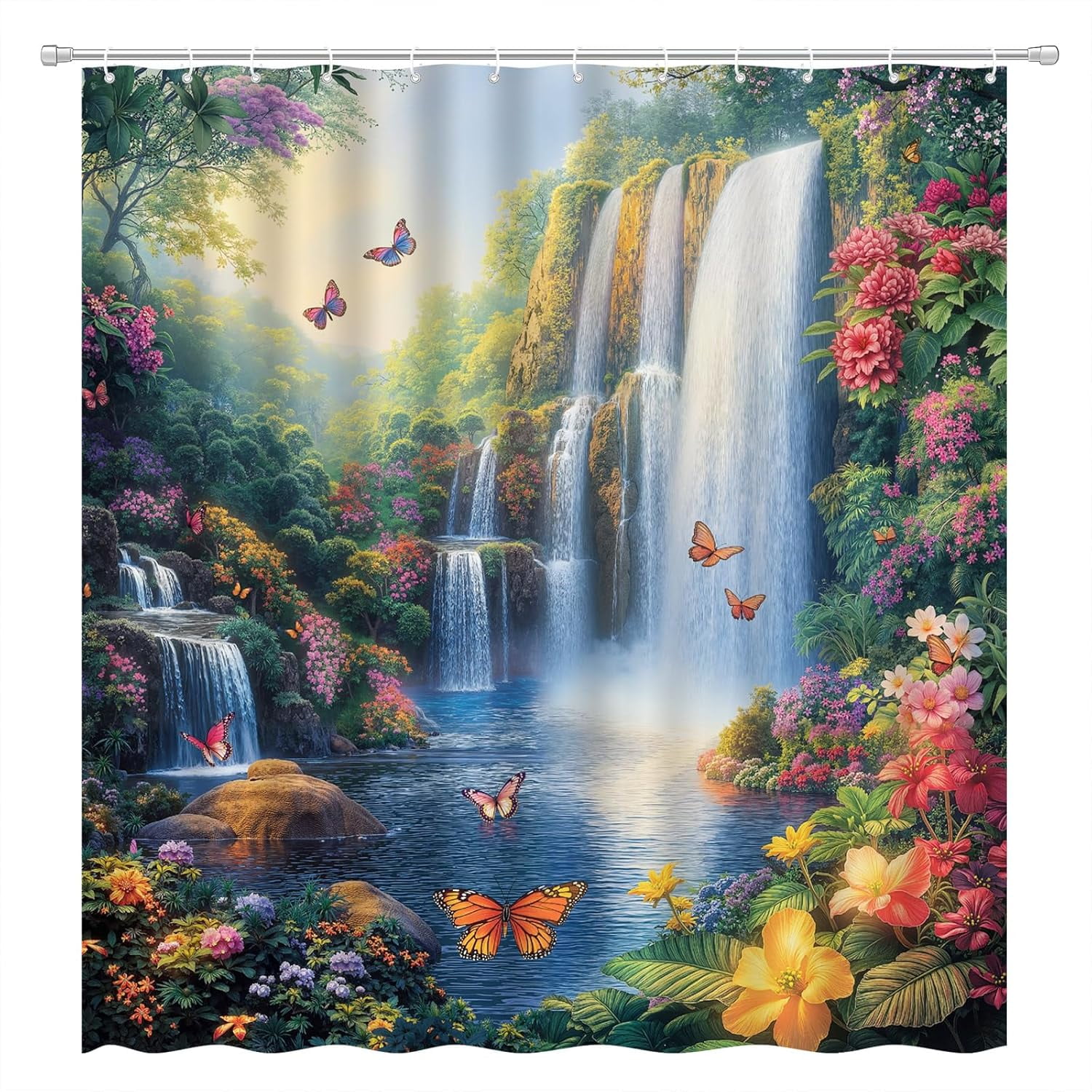 Waterfall Shower Curtain Rustic Floral Butterfly Forest Tropical Green Plant Lake Spring Garden Nature Landscape Bathroom Decor Set with Hooks-72"W x 72"L (Pack of 1)