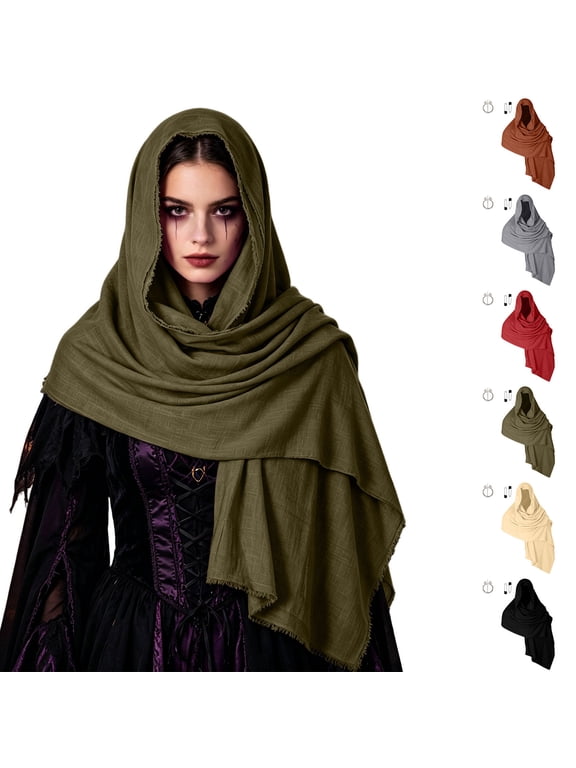 Women's Hooded Fringe Scarf Wrap Shawl Oversized Soft Medieval Gothic Halloween Cosplay Costume Accessory