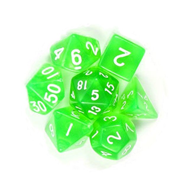7Pcs/Set Translucent Polyhedral Dice Set for Dungeons Dragons Pathfinder D&D RPG (D4 D6 D8 D10 D12 D20 D%) green