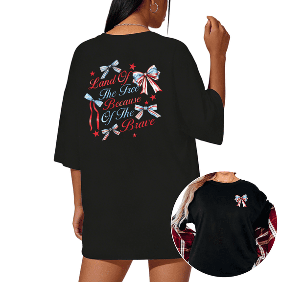 UNISHE Women's Patriotic American Flag Bow Print Short Sleeve T-Shirt Black S-5XL Casual Crewneck Top