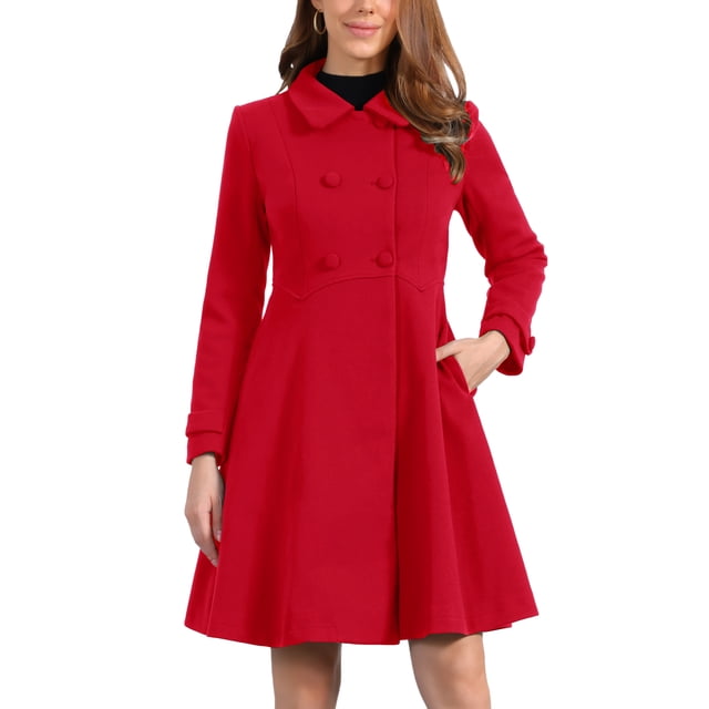 Abrigo de invierno de mujer vintage sólido de línea A con doble botonadura y cuello en rojo M