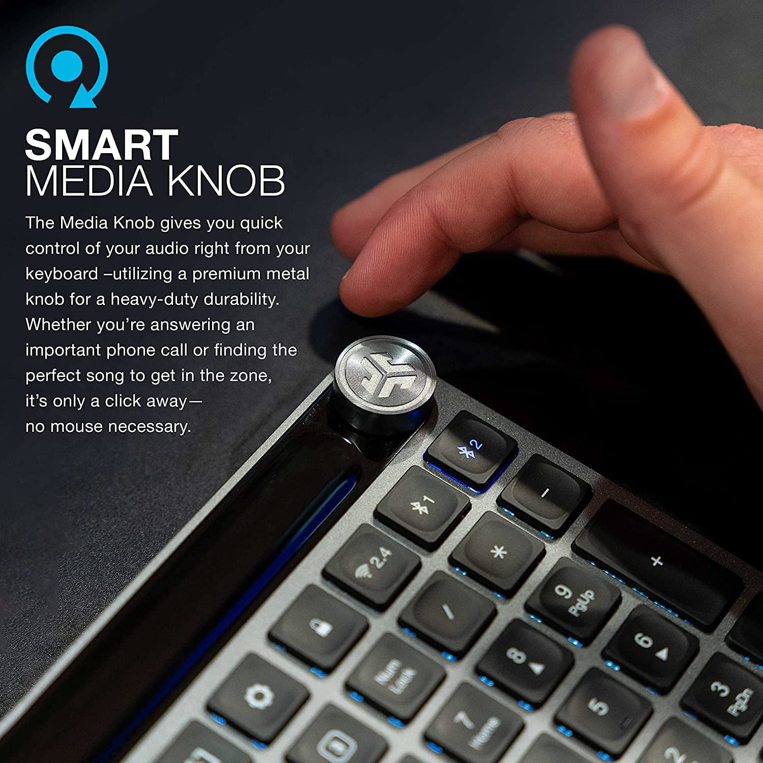 JLab Epic Keyboard, Media Volume Knob, 2.4 GHz Wireless, Bluetooth 5.2, QWERTY, Customizable Buttons, Rechargeable, iOS, PC, Android, Chome OS, Black