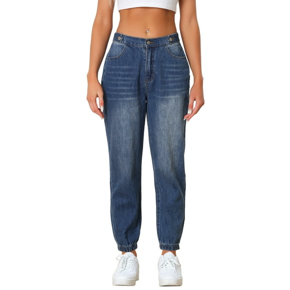 DARING DIVA Jean Jogger for Women's Casual High Waisted Elastic Waist Denim Pants S Blue