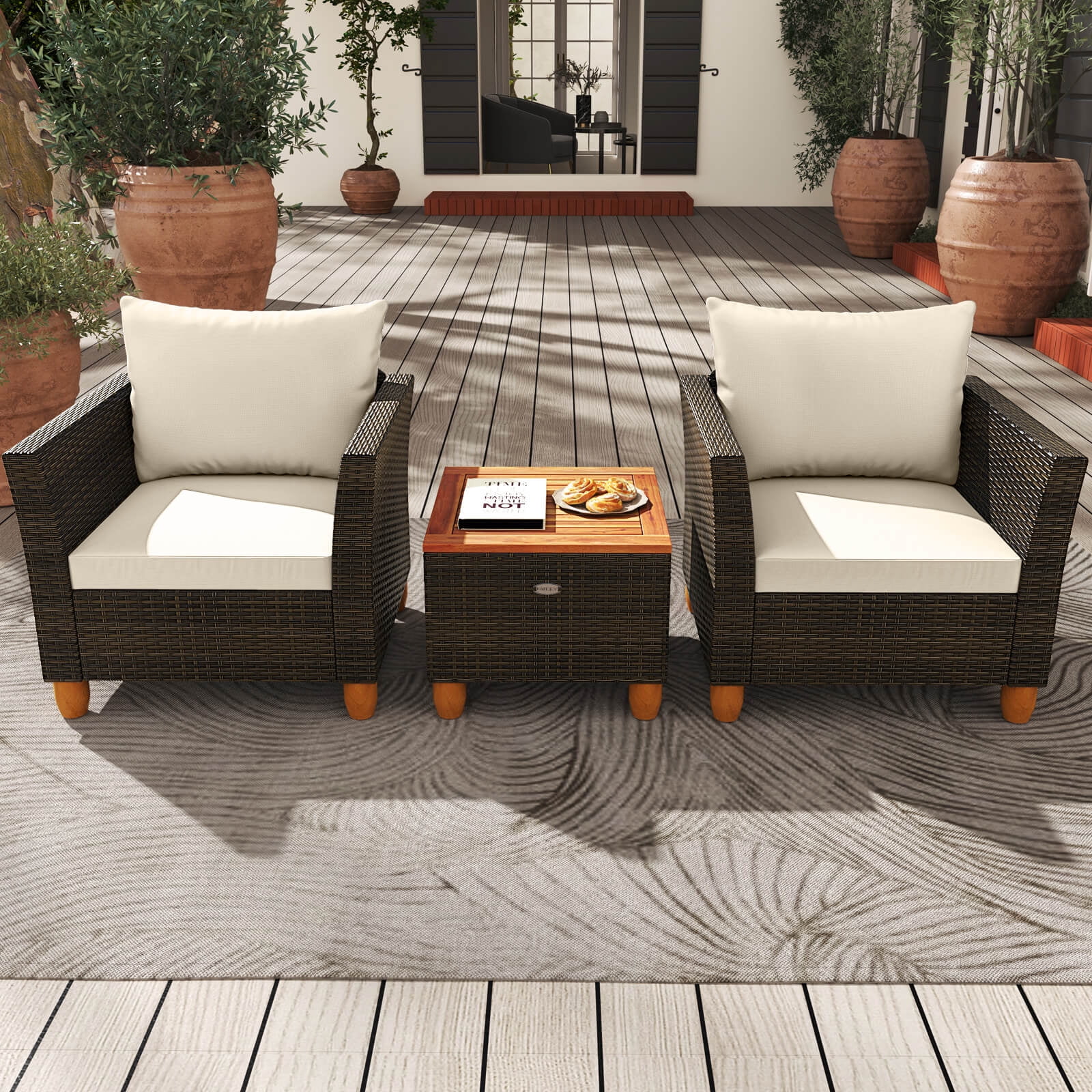 Costway 3 PCS Outdoor Patio Rattan Bistro Furniture Set Wooden Table Top Cushioned Sofa Beige