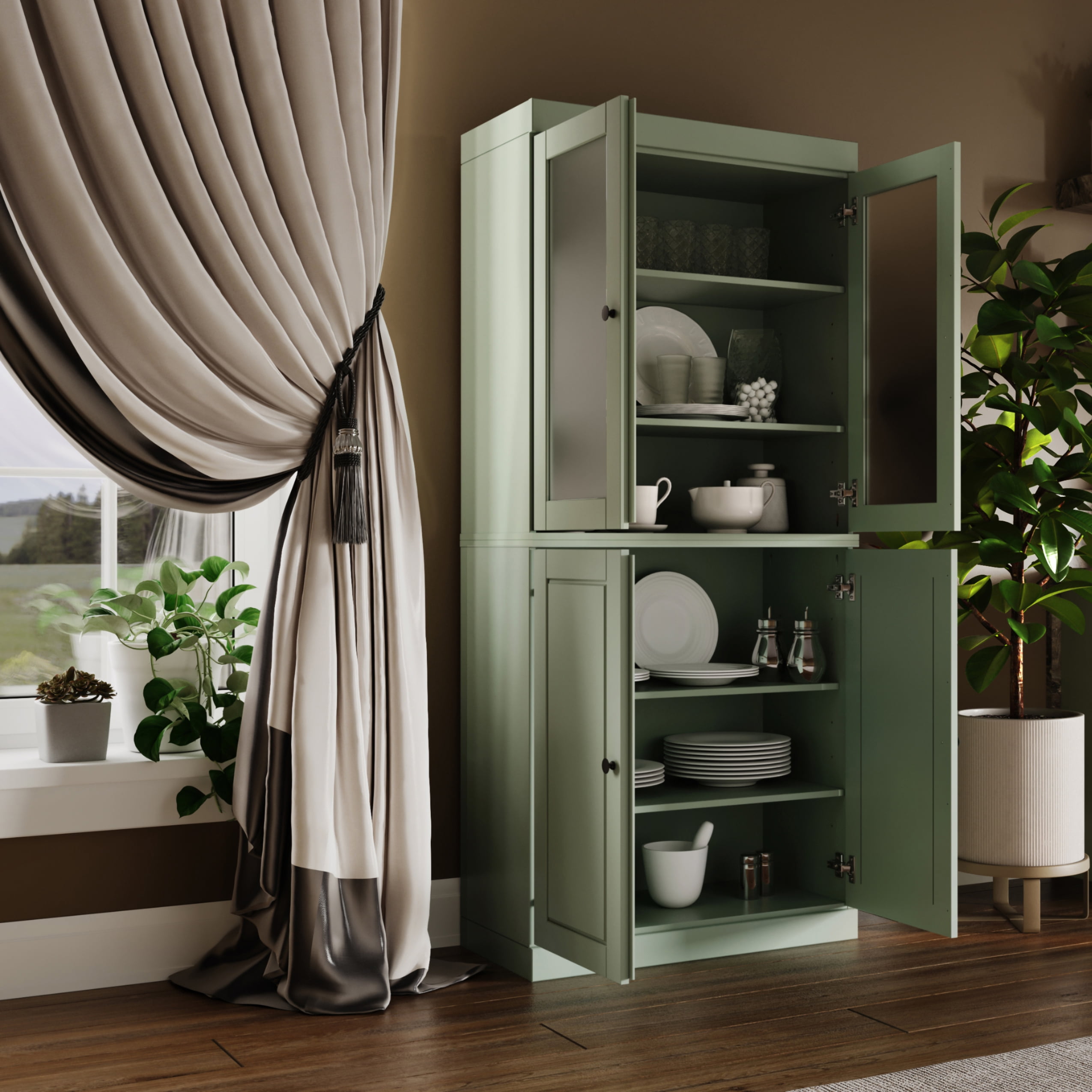 Palace Imports 100% Solid Wood 32" Pantry Cabinet with Solid, Frosted Glass Doors and Adjustable Shelves, Sage