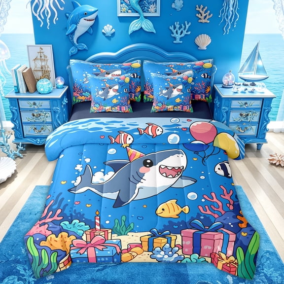 Feelyou Kawaii Birthday Party Shark Twin Bedding Sets for Kids Boys Girls, Marine Coral Animal Bedding Comforter Set, Blue, Blue Reversible, 7pcs