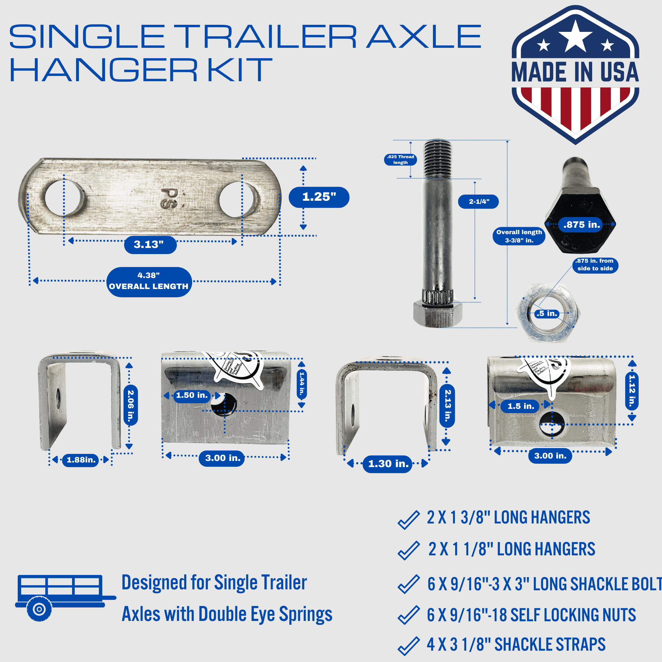SOUTHWEST WHEEL USA Made 5,200 lbs. Trailer Axle Suspension Kit Incl. Leaf Springs, Hanger & U-Bolt kit