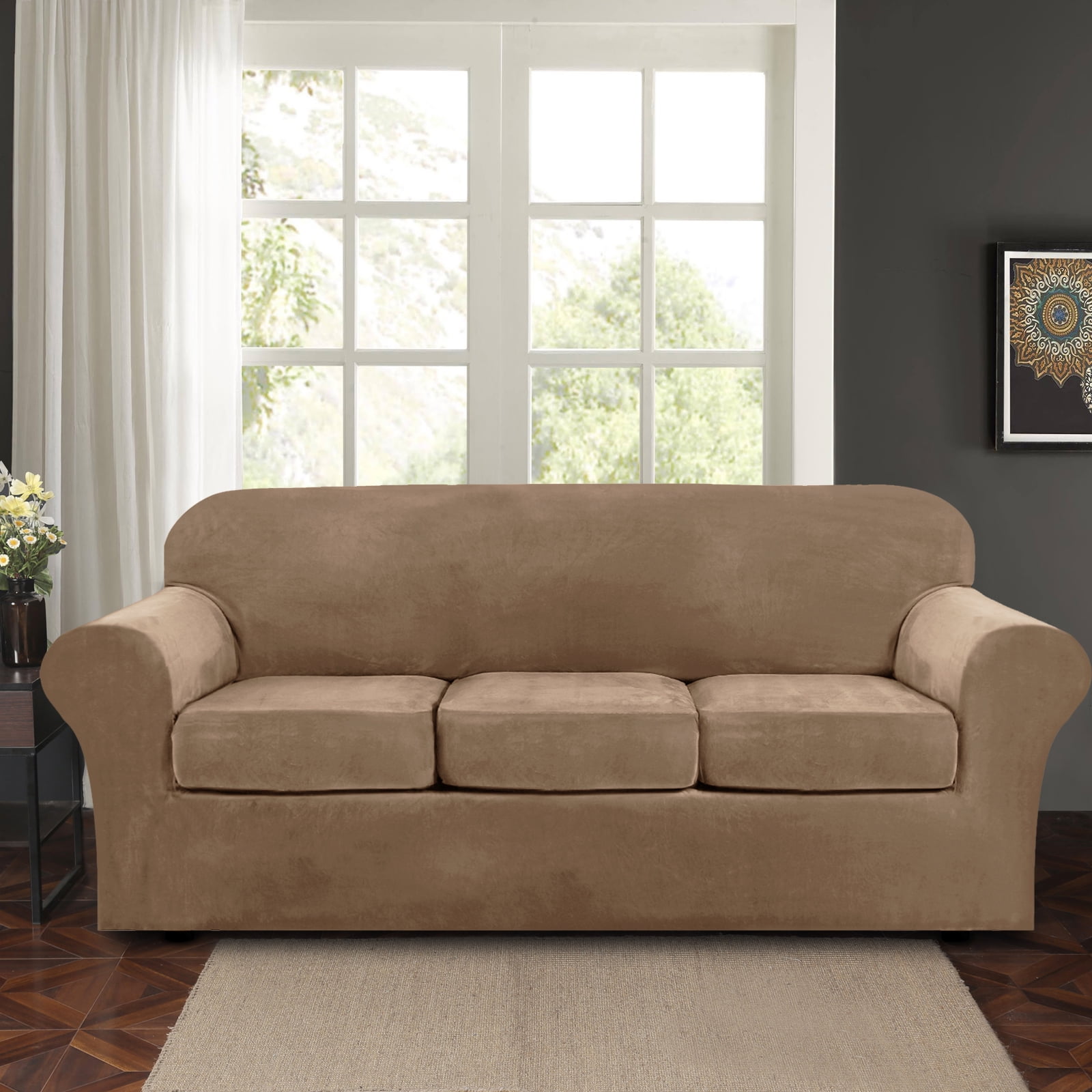 Velvet Plush Sofa Covers, Armhair Loveseat Couch Slipcover with Separate Cushion Cover (Camel, For 3-Seater Sofa)