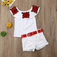 thumbnail image 2 of Bagilaanoe 2pcs Little Girls Short Pants Set  Off Shoulder Floral Embroidery Crop Tops + Shorts with Belt 1T 2T 3T 4T 5T 6T 7T Kids Casual Summer Outfits, 2 of 7