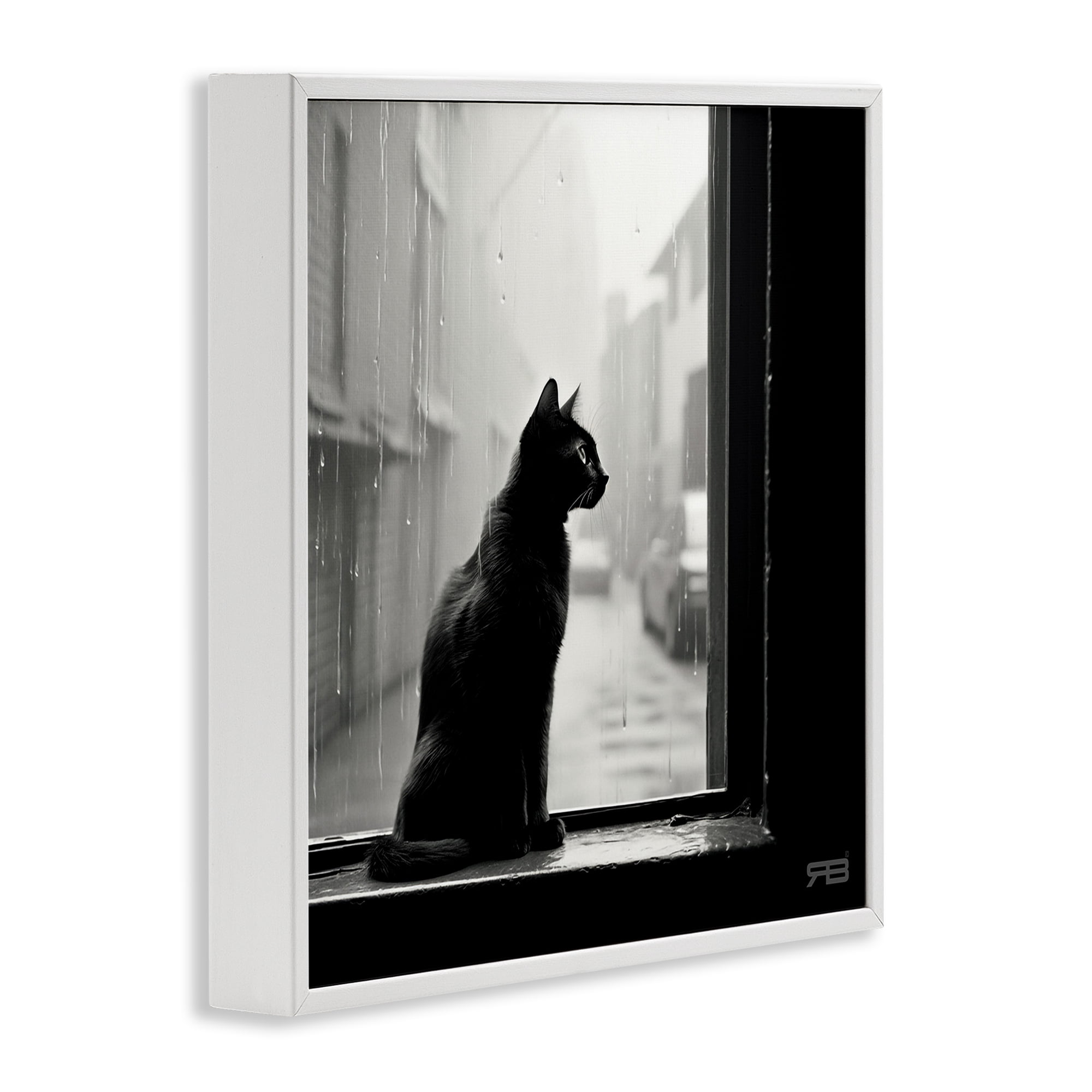 Stupell Industries Cat Gazing Rainy Window Animals & Insects Painting White Framed Art Print Wall Art, 12 x 12