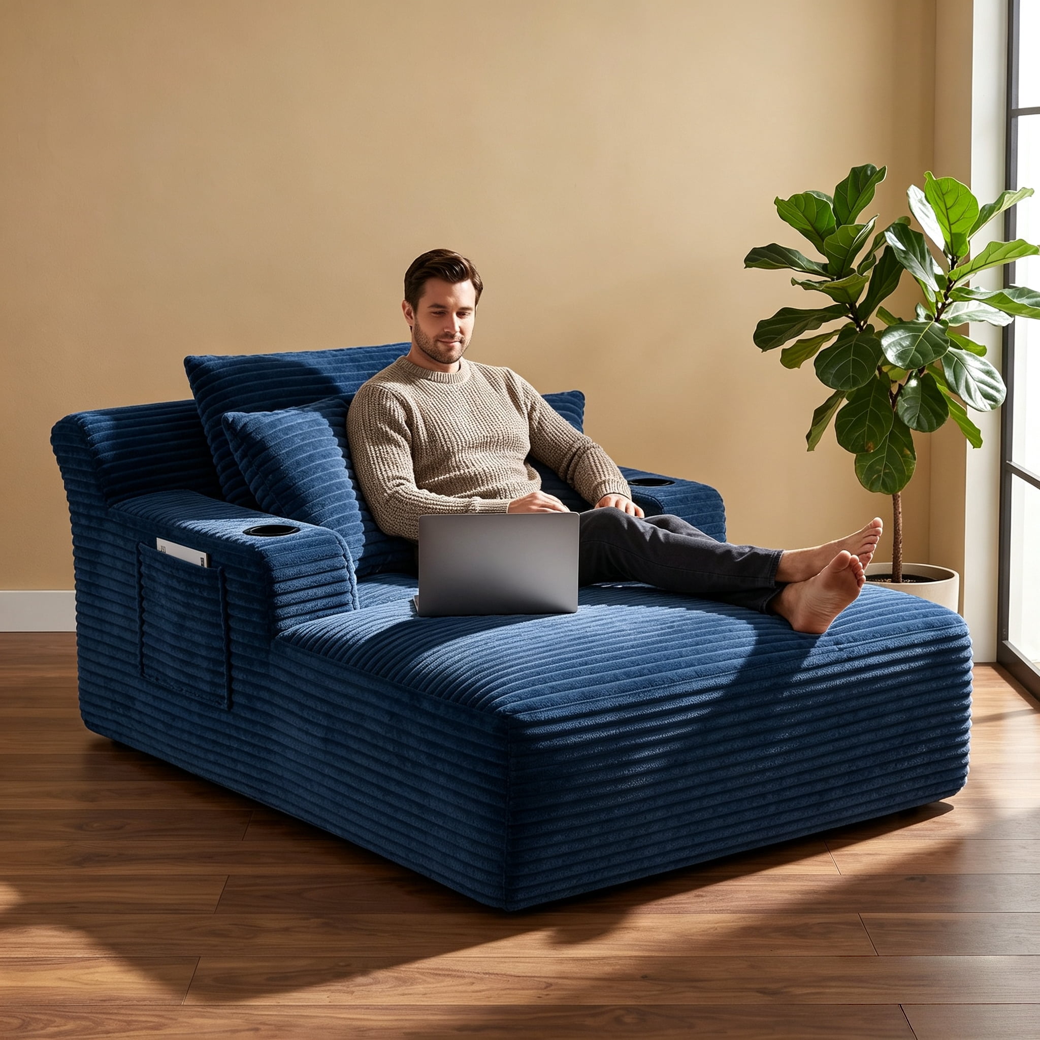 ShiKeyi 66'' Chaise Lounge Chair Indoor, Boneless Sofa Cloud, Plush Corduroy Chaise Couch with Cup Holders, Side Storage Pocket & Pillows, No Assembly Required, Blue