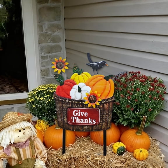 Metal Garden Stake Autumn Decor, Fall Harvest Sunflower Pumpkin Bird Yard Art, Outdoor Lawn Flower Bed Landscape Accent, Give Thanks