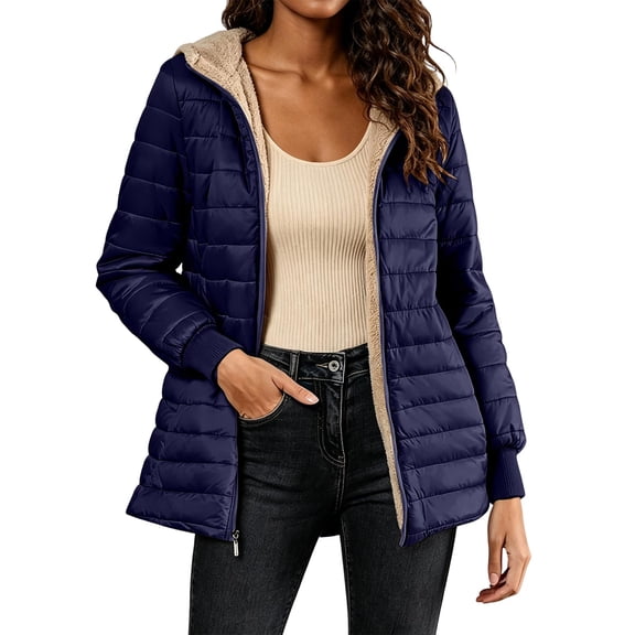 CHGBMOK Women Hooded Quilted Jacket Zip Up Lightweight Warm Fleece Lined Padded Winter Coat Rib Cuff Mid Length Casual Outerwear