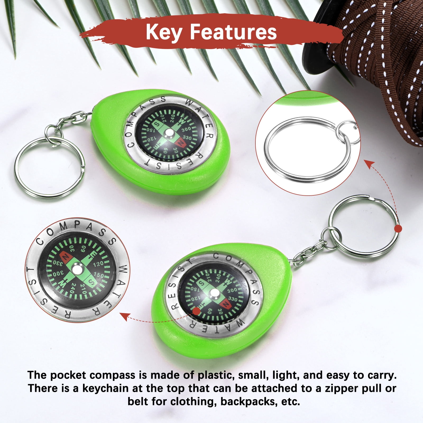Keychain Compass [18PCS] - Survival Pocket Mini Compass Bulk with Key Ring for Hiking & Camping - [Green]