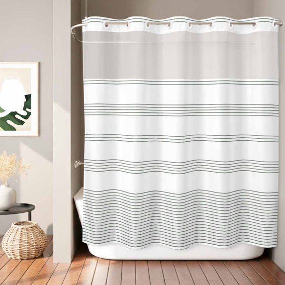 No Hook Shower Curtain, Black Stripes Shower Curtains for Bathroom with See Through Top Window, Farmhouse Striped Modern Art Waterproof & Washable Bath Curtain 66"x72"