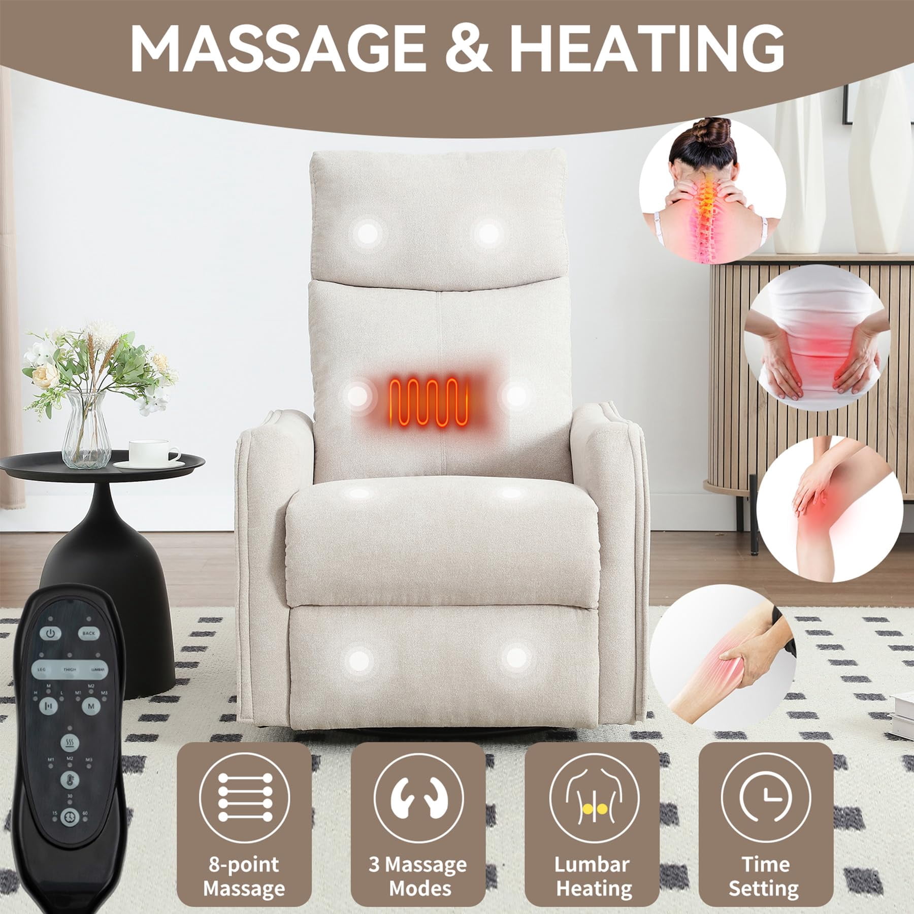 CARZZI Massage Chair Recliner with Heat, Swivel Rocking Chair Recliner with High Back, Manual Lazy Boy Recliners for Adults,Small Recliner Chair for Small Spaces, Living Room Bedroom, Fabric (beige)