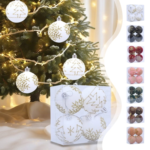 Set de adornos de Navidad Pack de 4 | Decoraciones de bola flokada: Multicolor, Rojo, Verde, Blanco, Naranja | Decoración colgante de árbol de Navidad de 6 cm | Ligero Fácil de Colgar | Exhibición