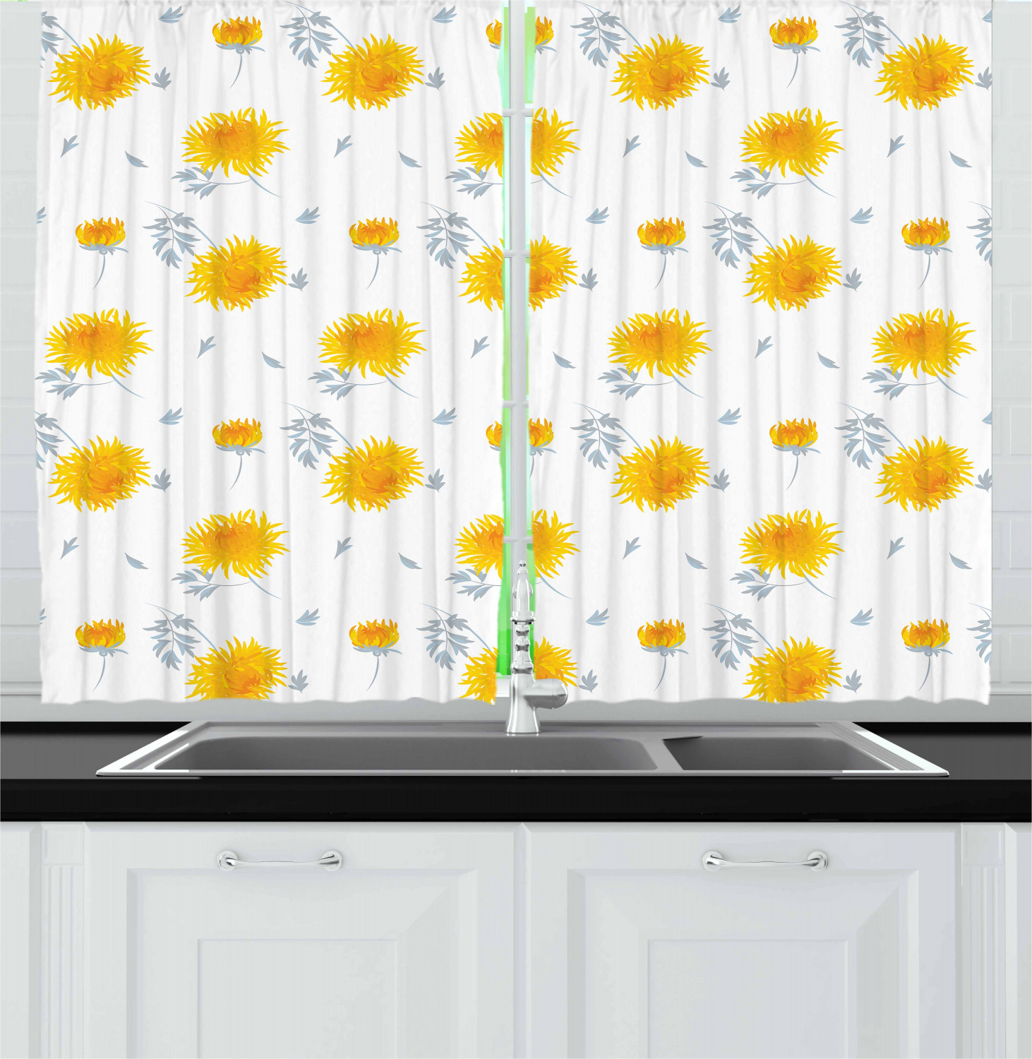 Yellow Flower Curtains 2 Panels Set, Seasonal Autumn Florets