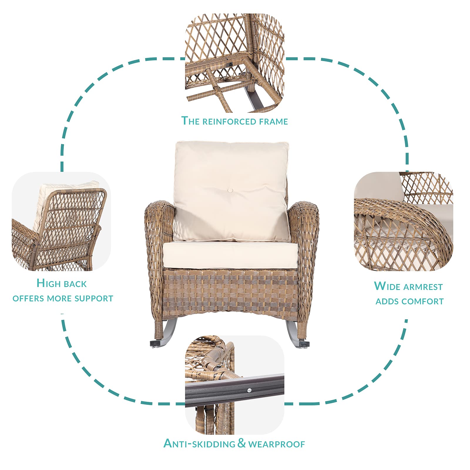 MEETWARM 3 Pieces Patio Wicker Rocking Chair Set, Rattan Outdoor Rocker Chairs Set with Cushions and Glass-Top Coffee Table, Conversation Bistro Set for Porch & Backyard - Beige - image 2 of 7